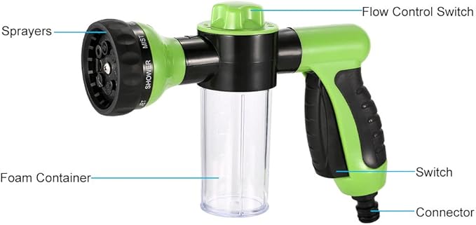 Multifunctional Car Wash Nozzle with Soap Dispenser - 8 in 1 High Pressure Garden Hose Nozzle - Car Foam Wash Gun - Black, Green, Transparent