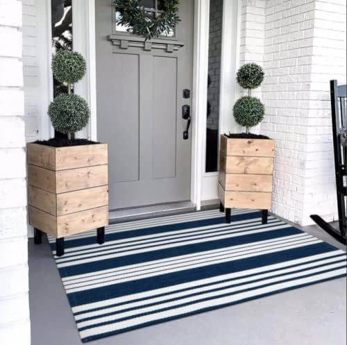 OJIA Blue and White Outdoor Rug 3'x5' Cotton Woven Striped Front Porch Rug Machine Washable Indoor Outdoor Rugs Farmhouse Entry Rug Layered Door Mat for Entryway/Kitchen/Front Door Entrance Decor
