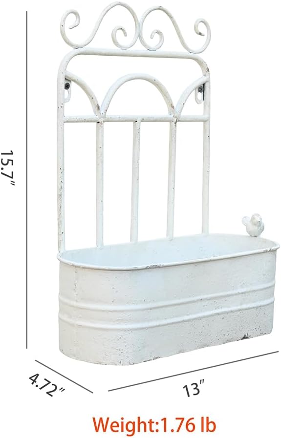 Vintage Rustic Wall Planter Distressed Decor Iron Hanging Plant Basket Shabby Metal Wall Mounted Flower Holder Pot Stand for Indoor Outdoor Home Balcony Patio Farmhouse Garden Decorative White