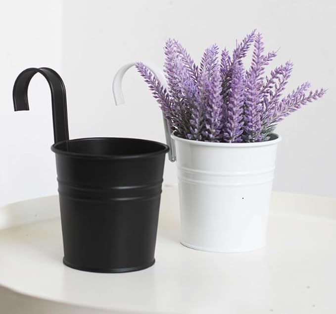 Leoyoubei Hanging Flower Pots for Outdoor Indoor Plants with Removable Hooks -5 Pack Metal Buckets Hanging Plant Pots Wall Fence Home Decor-Storage Box,Drainage Holes -5''Diameter (Black)
