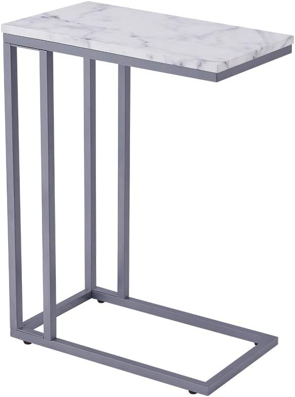ROSEN GARDEN C-Shape Side End Table, Faux Marble Tray Snack Table with Metal Frame, Laptop Coffee Holder, Modern Furniture (Silver)