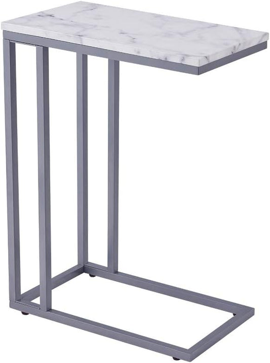 ROSEN GARDEN C-Shape Side End Table, Faux Marble Tray Snack Table with Metal Frame, Laptop Coffee Holder, Modern Furniture (Silver)