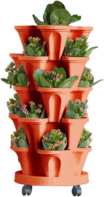 Vertical Planter 5 Tiered,Stackable Planters for Strawberry Herb Flower and Vegetable Stacking Garden Tower Gardening Pots with Removable Wheels and Bottom Indoor Outdoor