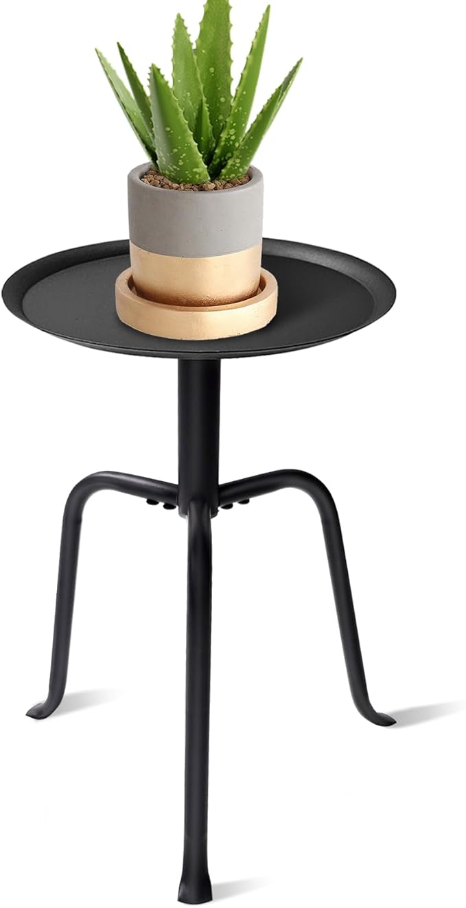Plant Stand Indoor Outdoor, 11'' Round Black Mid Century Single Plant Table, 3-Leg Small Metal Plant Holders Flower Pot Stand, Modern Round Small Side End Table with Raised Design