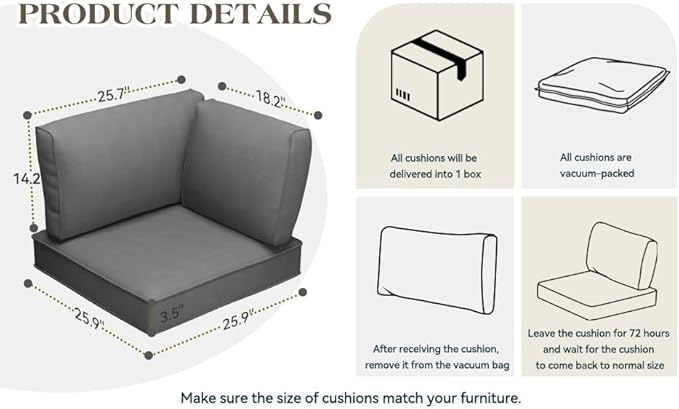 Patio Cushions for Outdoor Furniture,Water-Resistant Outdoor Cushions for 6 Seat Outdoor Sectinal,25.3"×25.3" Deep Seat Sofa Cushions, 14-Piece Outdoor Couch Cushions,Grey