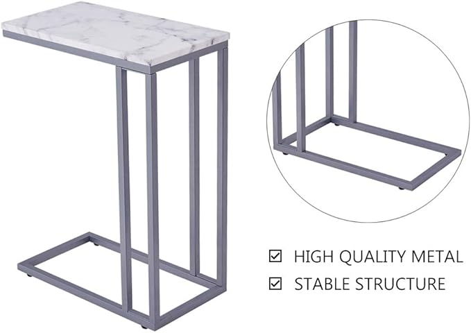 ROSEN GARDEN C-Shape Side End Table, Faux Marble Tray Snack Table with Metal Frame, Laptop Coffee Holder, Modern Furniture (Silver)
