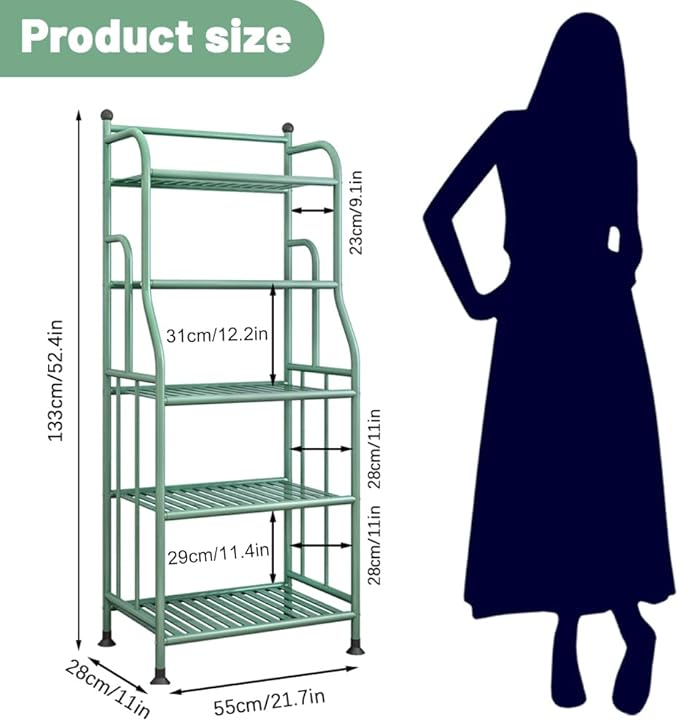 5 Tier Metal Plant Stand Iron Flower Pots Holder Storage Shelf, Planter Display Rack Indoor and Outdoor Multiple Shoe Organizer for Garden Balcony Living Room Kitchen Bathroom (Green)