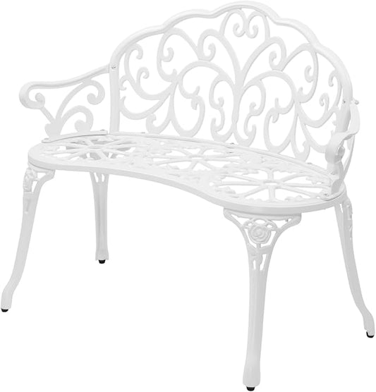 VINGLI 38.5" Patio Park Garden Outdoor Metal Rose Bench, 2-Person Cast Iron Cast Aluminium Frame Antique Finish Chair,Accented Lawn Front Porch Path Yard Decor Deck Furniture (White, Butterfly)