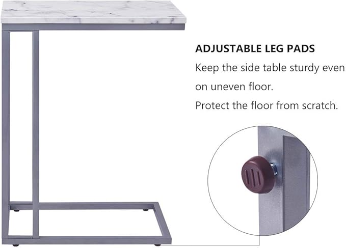 ROSEN GARDEN C-Shape Side End Table, Faux Marble Tray Snack Table with Metal Frame, Laptop Coffee Holder, Modern Furniture (Silver)