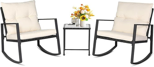 SUNCROWN 3 Piece Outdoor Rocking Bistro Set Black Wicker Furniture Porch Chairs Conversation Sets with Glass Coffee Table, Beige