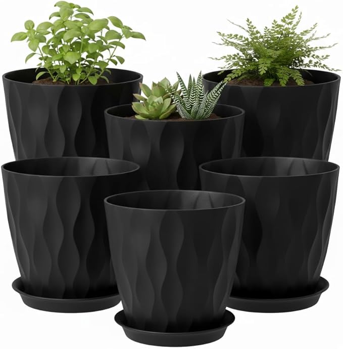 Plant Pots 8 Inch, 6 Pack Plastic Flower Pots for Indoor & Outdoor Plants, Planters with Drainage Holes and Saucer, Garden Pot for Plants(Black)