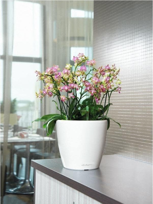 Lechuza Classico LS 35 White High Gloss, Self-Watering Round Planter, D13.8 H13 in