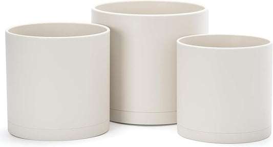 D'vine Dev 6 Inch 6.5 Inch 8 Inch, Set of 3 Plastic Planter Pots for Plants with Drainage Hole and Seamless Saucers, Oatmeal, Medium, 74-V-H-3