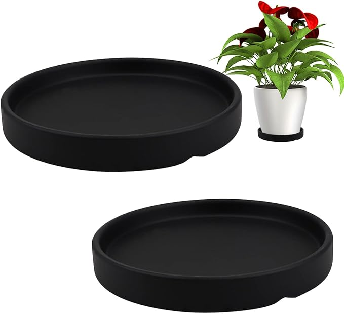 Round 4 Inch Ceramic Plant Saucer Drip Tray Set of 2 for Indoor Small Flower Pots Home Garden Outdoor Flower Plant Pot,Black Saucers