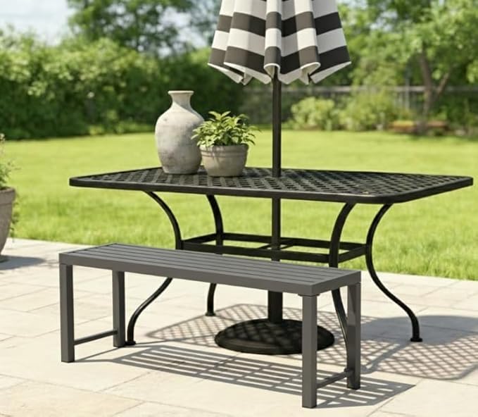Outdoor Metal Backless Bench Weatherproof Patio Bench with Slatted Seat, All-Weather Garden Bench for Porch, Patio, Lawn and Backyard, Grey