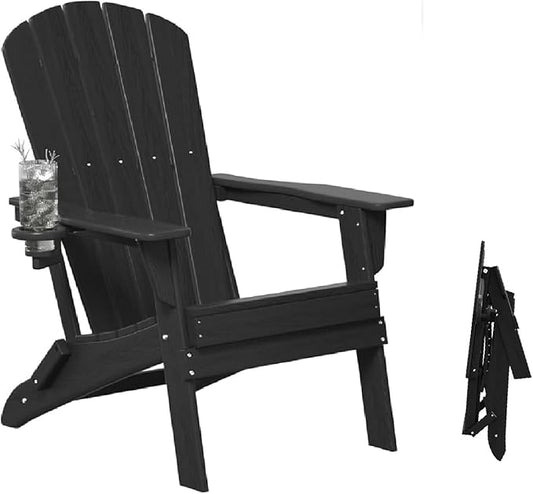 Folding Adirondack Outdoor Chairs HDPE Plastic Chair All Weather Cup Holder Black for Deck Backyard Patio Outdoor Garden
