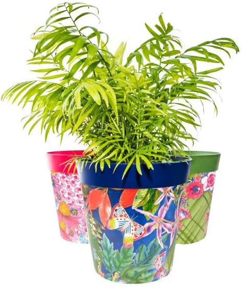 Hum Flowerpots, 10 inch Set of 3, Various Patterns Colors and Sizes, Indoor/Outdoor Plastic Plant Pots (Multi Floral)