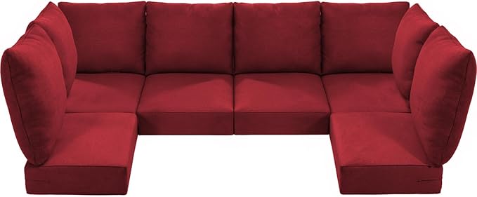 Luxury 24x24x6 Outdoor Seat Cushions for 6-Seat Sectional Sofa Set of 6 - Water-Repellent 14-Piece Patio Cushion Set for Outside Rattan Wicker Loveseat Chair L-Shape Couch - Red/Classic