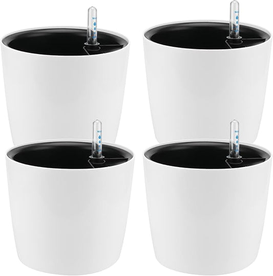 4 Pack 7 Inch Self Watering Planter for Indoor Plants, White Decorative Round Plastic Self Watering Pots with Level Indicators for Soil Planting, Flowers, Herb, African Violet, Succulent