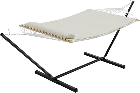 Double Hammock with Stand, 2 Person Portable Foldable Outdoor Hammock with Pad & Pillow, 450lb Capacity Heavy-Duty Hammock for Garden, Patio, Backyard, Off White