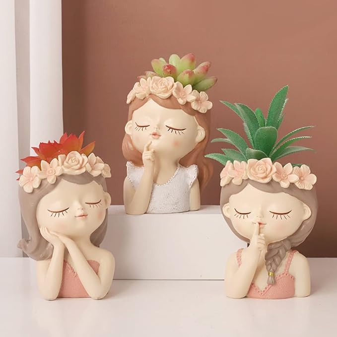 Small Fairy Succulent Plant Pot Set 3 Pack with Drainage Hole Indoor Cactus Pot Cute Flower Vases Decor with Girl Face Planter Gifts Idea for Women Arrive Beautifully Boxed