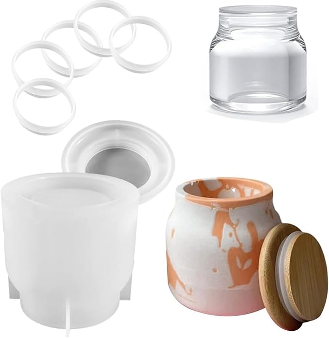Storage Box With Lids, Silicone Candle Jar Molds Set, Creative Vessels Pot Molds, Concrete Round Stripe With Cover Bottle Making Moulds for Holder (F)