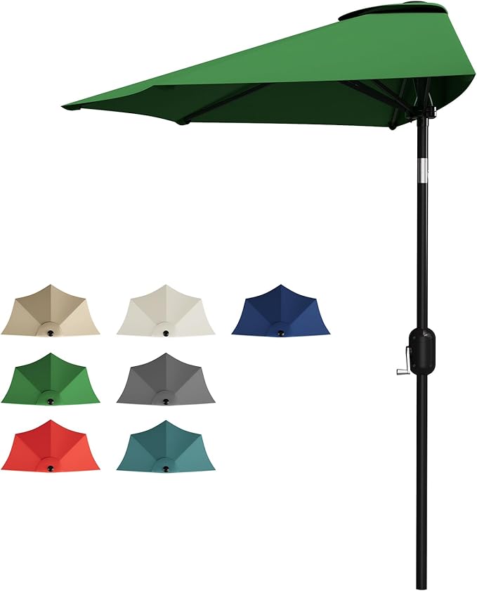 Garvee Patio Umbrella 9FT - Half Umbrella Outdoor with Smooth Crank Lift, Outdoor Shade Canopy for Patio, Backyard, Garden, Deck, Balcony -Dark Green