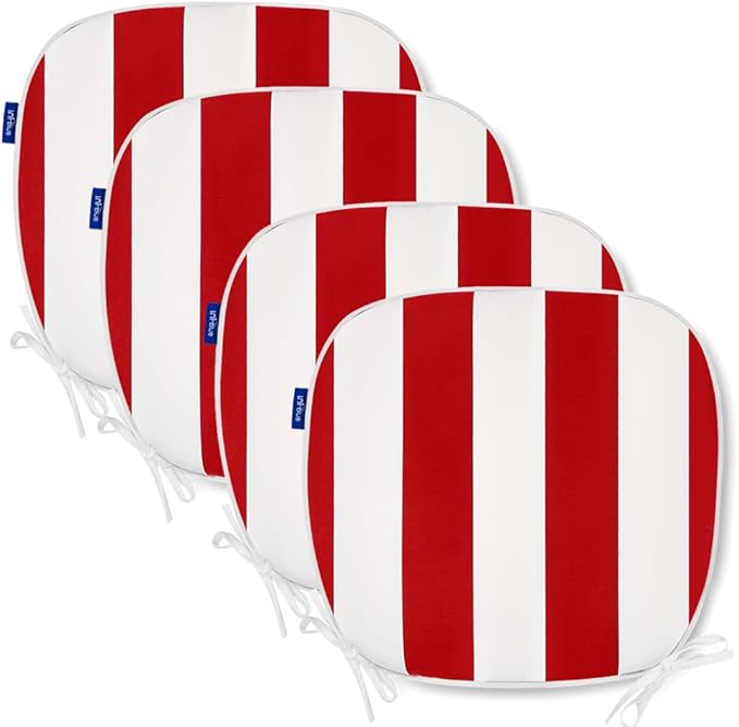 SleepMan Outdoor 17"x16" Chair Cushions with Ties Set of 4, Water Resistant All Weather U-Shape Seat Pads for Patio Garden Furniture Indoor Fade Resistant Patio Cushions (Red Stripe)