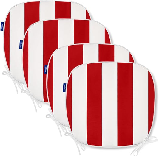 SleepMan Outdoor 17"x16" Chair Cushions with Ties Set of 4, Water Resistant All Weather U-Shape Seat Pads for Patio Garden Furniture Indoor Fade Resistant Patio Cushions (Red Stripe)