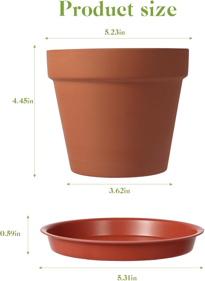 6 PCS Clay pots and Plates, 5-inch red Clay pots with Drainage, Perfect for Indoor, windowsill, and Garden Plants