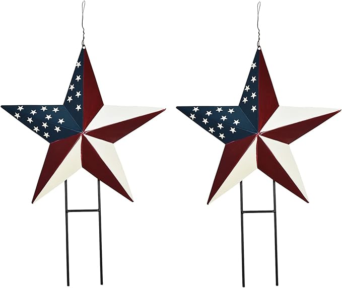 Veclotch 2set 4th of July Metal Barn Star Yard Sign Outdoor Lawn Decor, Patriotic US Flag Hanging Ornament Garden Signs Decorative Stake Memorial Day Party Supplies, Multicolor