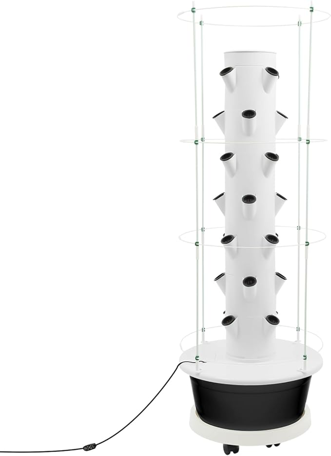 Hydroponic Growing System Kit, Vertical Hydroponic Tower with Climbing Trellis, Indoor & Outdoor Herb Garden, Vegetable Tower with 28 Planting Pods for Tomatoes,Strawberries (White and Black)