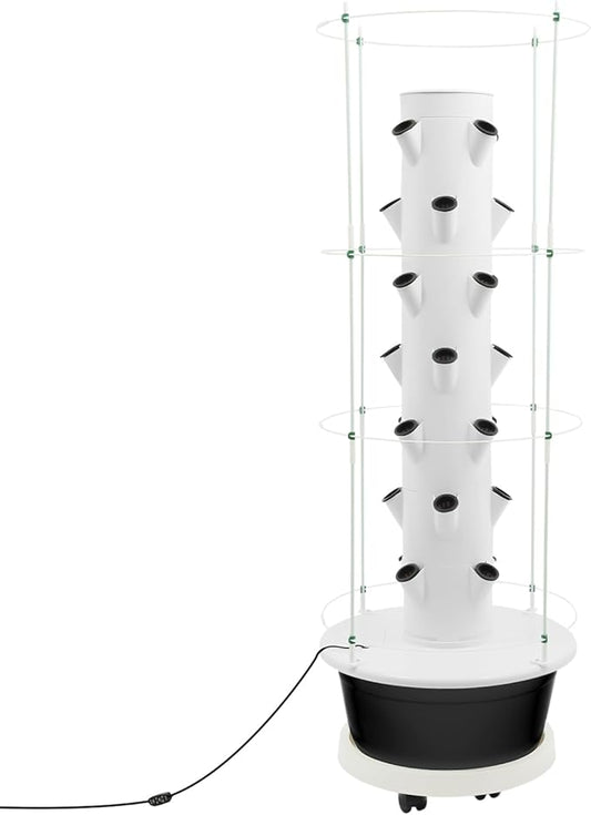 Hydroponic Growing System Kit, Vertical Hydroponic Tower with Climbing Trellis, Indoor & Outdoor Herb Garden, Vegetable Tower with 28 Planting Pods for Tomatoes,Strawberries (White and Black)