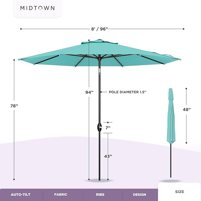 Midtown Umbrellas - 10-Year-No-Fade 8 Ft Patio Umbrella with Terylast Fabric, Auto-Tilt Aluminum Frame and 8 Reinforced Ribs for Deck, Pool, Garden & Beach - Royal Blue Canopy, Black Pole