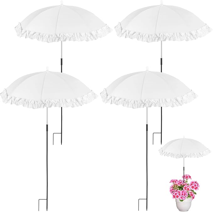 4 PCS Plant Shade Umbrellas, Outdoor Garden Sun Protection Umbrella, Silver-Coated Polyester & Metal Ribs, 2-Leg Ground Spike Umbrella for Potted Plants & Flower Beds