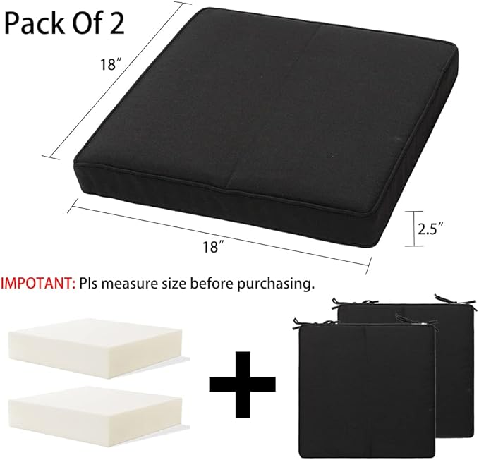 Magpie Fabrics Indoor Outdoor Waterproof Square Chair Cushion, 18" x 18" x 2.5", 2 Pack, Water Resistant Seat Cushions, for Patio Garden Office, Black