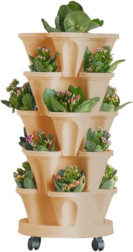 Vertical Planter 5 Tiered,Stackable Planters for Strawberry Herb Flower and Vegetable Stacking Garden Tower Gardening Pots with Removable Wheels and Bottom Indoor Outdoor