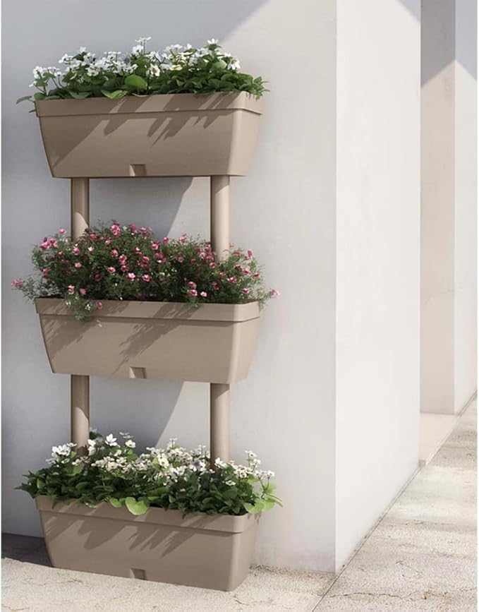 Stackable Garden Planter Set of 3 Taupe 39.4 Inch with Water Reservoir, Expandable Patio Planter Boxes for Balcony Terrace, DIY Vertical Gardening System, Durable TPR Outdoor