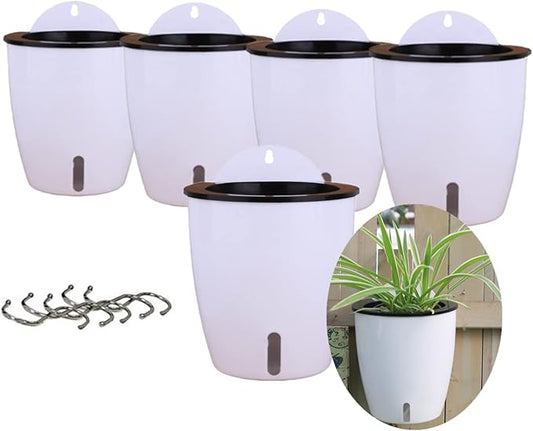 5 Pack Visible Water Level Self Watering Planter with Inner Pot,Hanging Planters,Wall Mounted Plants Holder,Small Flower pots Indoor Out Flowerpot with 5 Hooks for All House Plants (White)