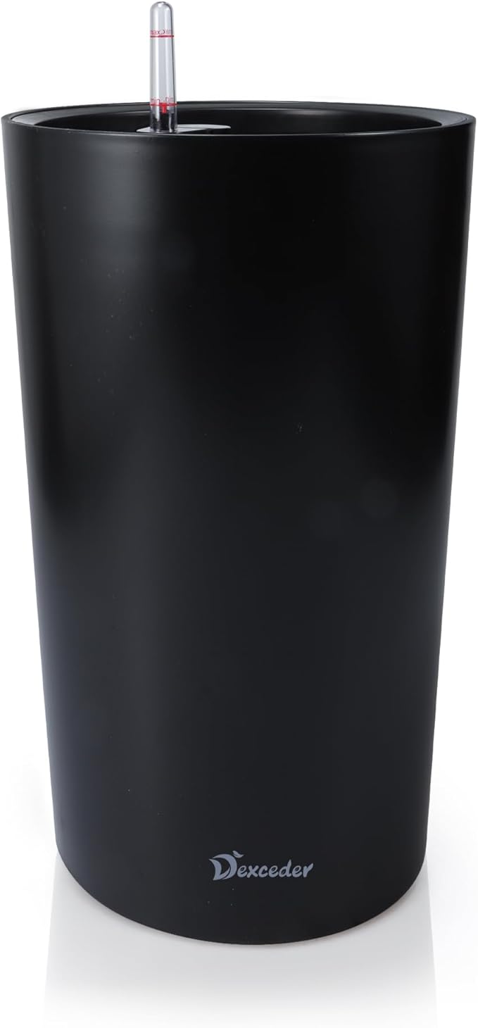 Dexceder 22x13 Tall Self Watering Planter High Cylinder Indoor Outdoor, Thickened Large Floor Standing Flower Plant Pot with Water Level Indicator (Black Matte)