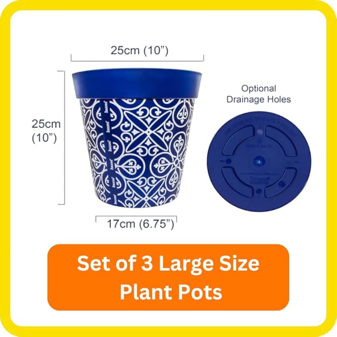 Hum Flowerpots, 10 inch Set of 3, Variety of Colors and Sizes, Indoor/Outdoor Plastic Plant pots, Multi Maroc