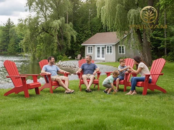 Psilvam Adirondack Chair, Oversized Poly Lumber Fire Pit Chair with Cup Holder, 350Lbs Support Patio Chairs for Garden, Weather Resistant Adirondack Chair Looks Like Real Wood (2, Red)