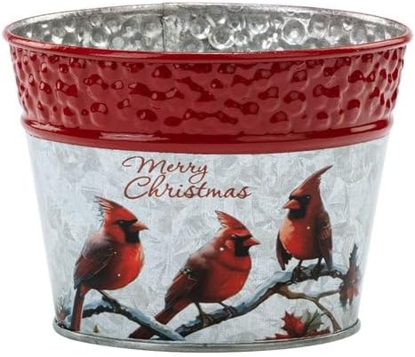 Napco 5 inch Rustic Metal Merry Christmas Cardinals Pot Cover with Indented Red Rim Festive Christmas & Holiday Decor
