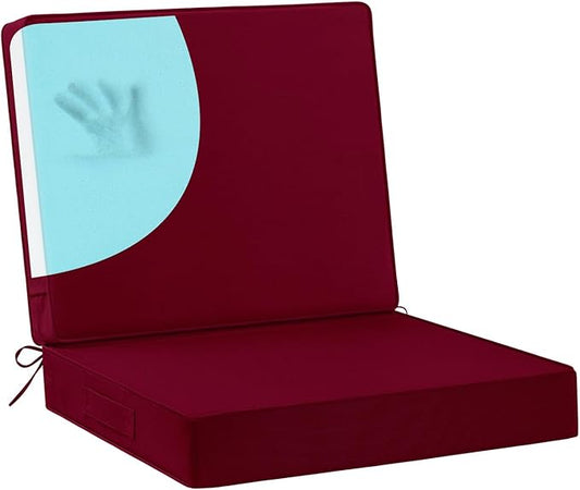 Waterproof Outdoor Chair Cushions 24x24, Memory Foam Outdoor Cushions for Patio Furniture with Removable Cover, Deep Seat Cushions for Outdoor Furniture with Ties and Handle, Burgundy