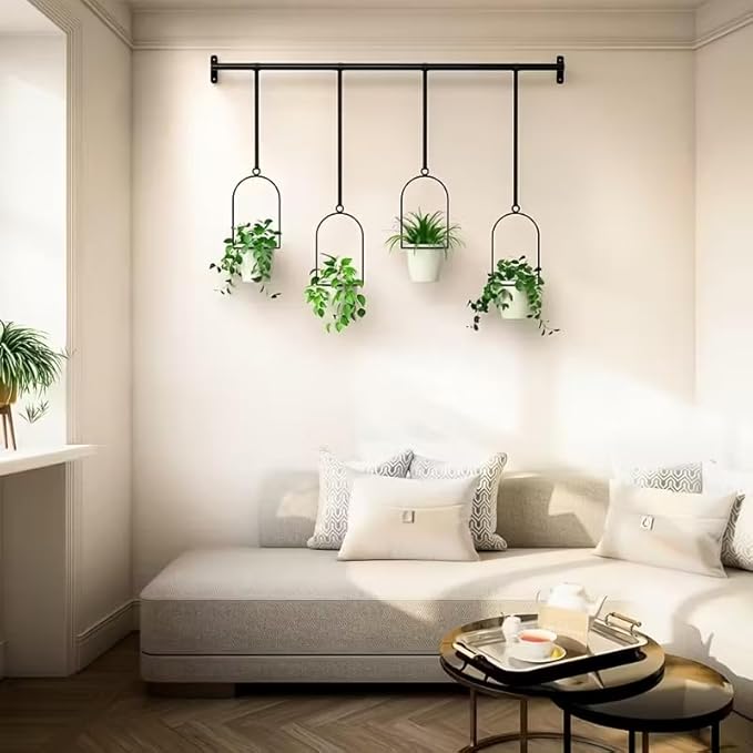 Metal Adjustable Hanging Flower Pots Set with 4 Plastic Pots, Indoor and Outdoor Wall Plant Hanger with Nylon Rope for Windows and Ceiling Herb Garden, 41.4-48 Inches, White and Black