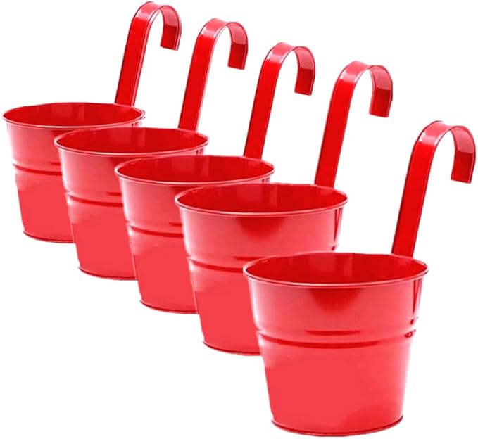 Leoyoubei Vintage Hanging Cup Holders with Removable Hooks -5 Pack Metal Iron Buckets Hanging Flower Pots Wall Fence Hanging Planter-Storage Box, Drainage Holes -5''Diameter Vase (Red)