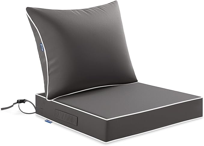 MIULEE Dark Grey Outdoor Seat Cushion 22x24 Inch Waterproof & 3 Year Fade Resistant Deep Seat and Back Cushion for Patio Furniture Chair Sofa Couch with Handle and Adjustable Straps
