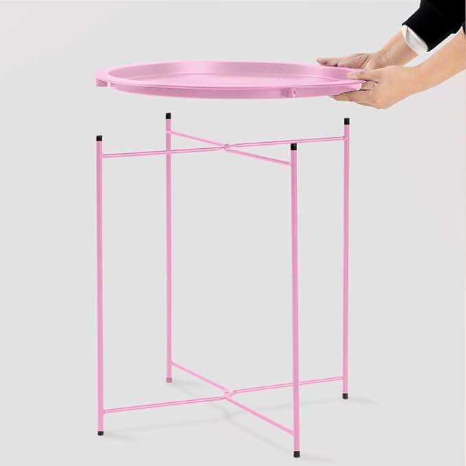 Garden 4 you End Table Metal Side Table Pink Round Folding Tray Cyan Sofa Small Accent Fold-able Table, Round End Table Tray, Next to Sofa Table, Snack Table for Living Room and Bed Room