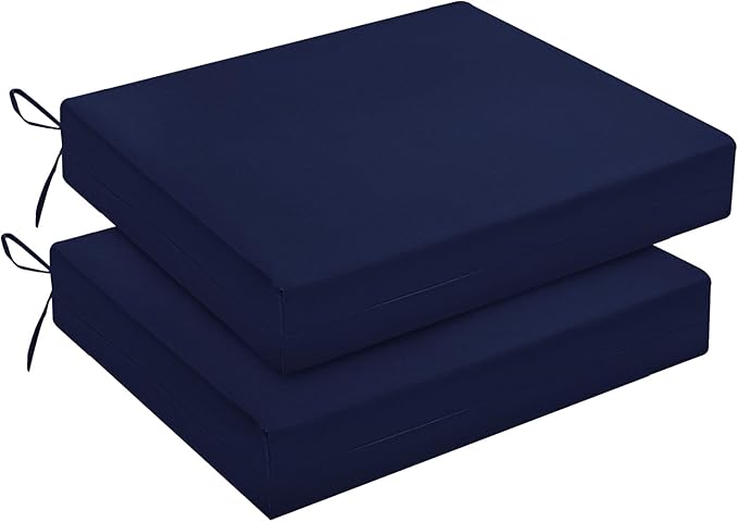 downluxe Outdoor Chair Cushions Set of 2 for Patio Furniture, Water-Resistant Square Corner Patio Chair Cushions with Ties, High Density Foam Outdoor Seat Cushion, 18.5" X 16" X 3", Navy