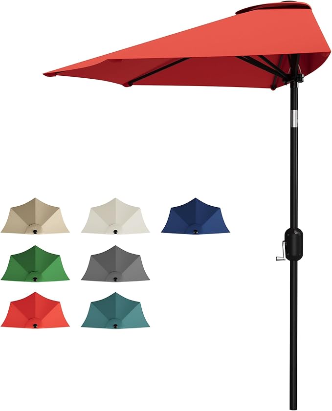 Garvee Patio Umbrella 9FT - Half Umbrella Outdoor with Smooth Crank Lift, Outdoor Shade Canopy for Patio, Backyard, Garden, Deck, Balcony -Red